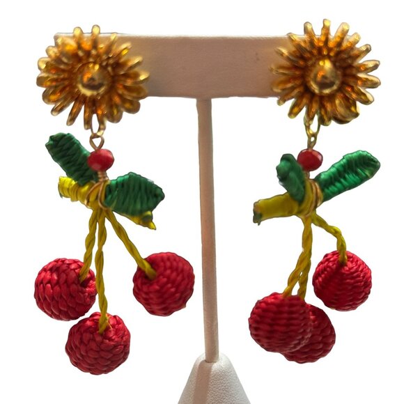 Hand Made Cherry Raffia & Beaded Dangle Earrings Evelyn Ariza - Picture 3 of 5